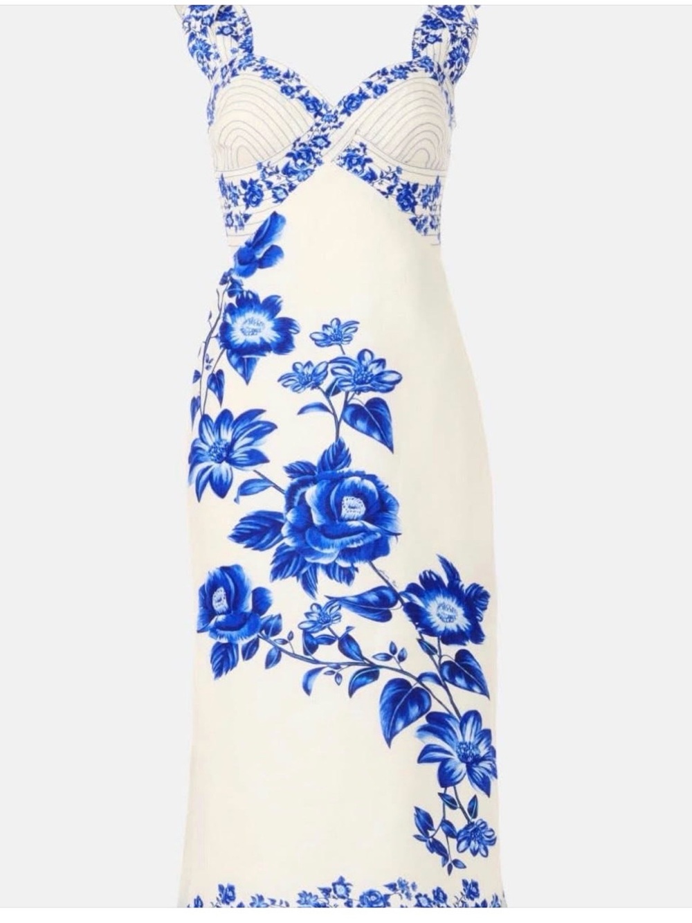 FARM Rio Off-White Floral Cascade Wavy Midi Dress. Size Medium
